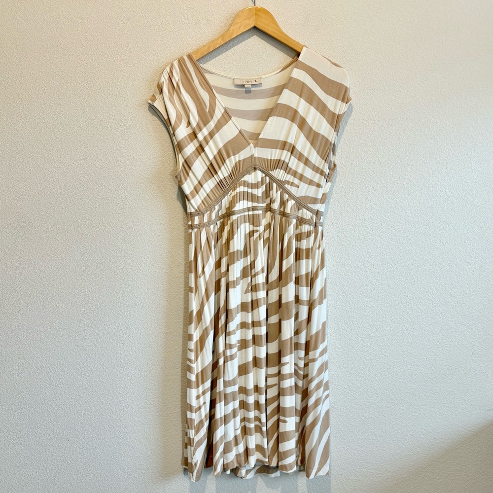 2/$20 Loft Max Studio Beige and White Striped V-Neck Midi Dress, Medium